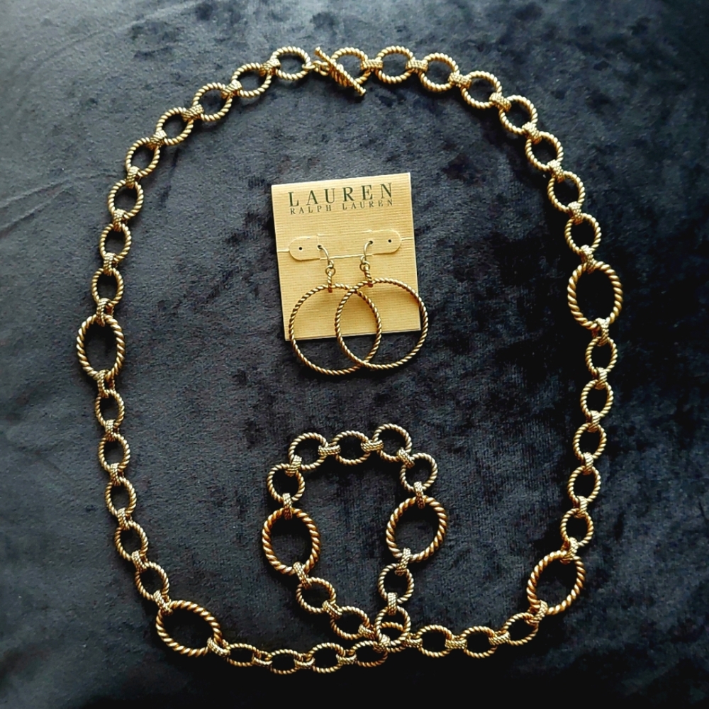 Lauren RL link necklace and matching earrings gold tone